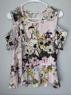 Guess Light Pink Floral Cold-Shoulder Ruffle Blouse